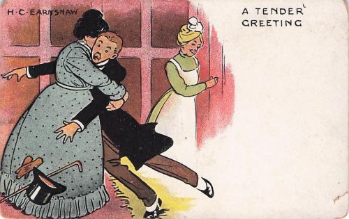 Earnshaw Comic - Husband Hugged by Large Wife Watched by Pretty