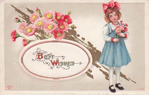 Best Wishes Little Girl Blue Dress Pink Flowers Postcard