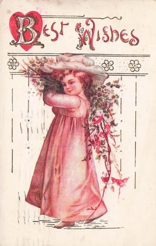 Vintage Illustrierte Karte. Sie Mädchen, Pfirsich-Kleid, Blumen tragend