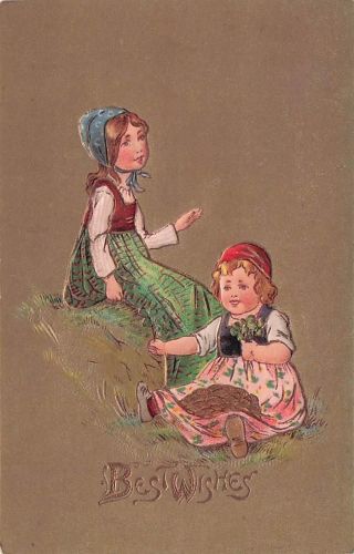 Vintage Postcard 1910's Best Wishes Greetings Two Girls Sister Sit on Grass