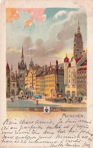 Lithographie München, Marienplatz mit Passanten