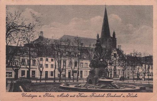 Verdingen a. Rhein, Markt mit Kaiser-Friedrich-Denkmal u. Kirche