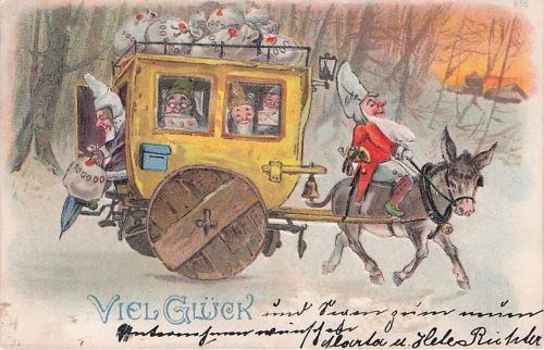 Ein fröhlicher Weihnachts-Fantasie-Elf, der auf einem Esel reitet und einen Karren mit Geldsäcken zieht, ca. 1910
