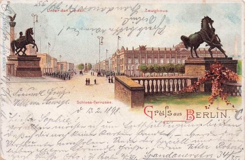 Lithographie Berlin, Zeughaus, Unter den Linden, Schloss Terrasse