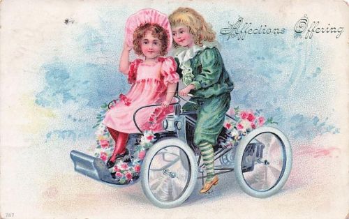 Präge Litho Kinder im Automobil, Blumen