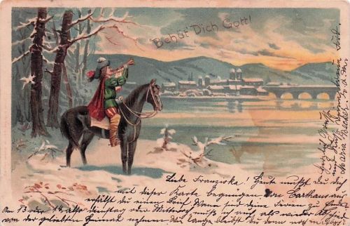 Mailick: Trompeter auf Pferd in winterlicher Landschaft