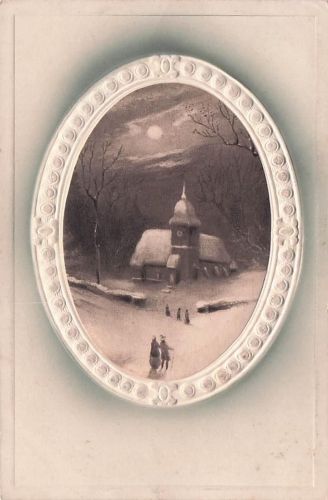Winterlandschaft mit einer Kirche, die von Schnee
