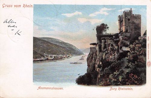 AK Gruss vom Rhein, Assmannshausen, Burg Rheinstein, vor 1905