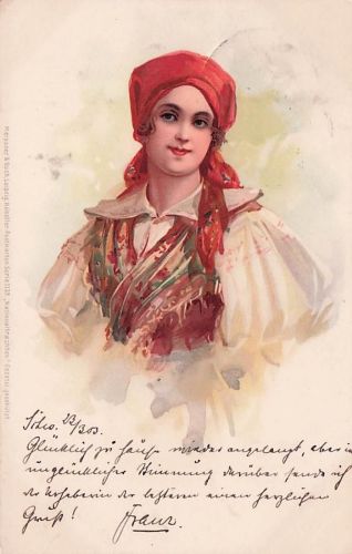 Oblaten scrap chromo Karte Jugendstil Dame Tracht