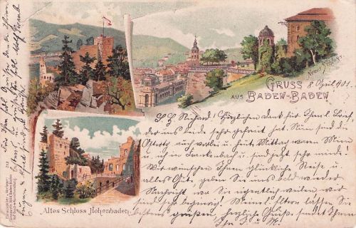 Lithographie Baden-Baden, Neues Schloss und Altes Schloss