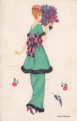 Künstler-Ansichtskarte Mela Köhler: Grün gekleidetes Fräulein mit Blumen