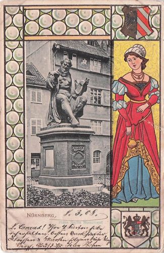 Passepartout Wappen Ak Nürnberg in Mittelfranken Bayern, Hans Sachs Denkmal