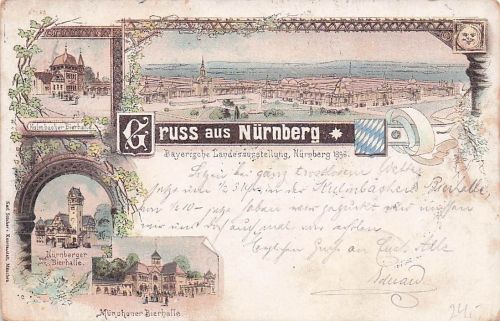 Lithographie Nürnberg, Landesausstellung 1896, Nürnberger Bierhalle, Münchener