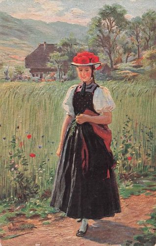 Künstler-AK Wilhelm Hasemann: Junge Frau in Tracht vor einer Wiese
