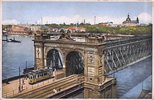AK Mannheim, Strassenbahn auf der Rheinbrücke