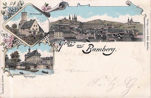 Lithographie Bamberg, Panorama, Altenburg, Michaelsberg & Rathaus