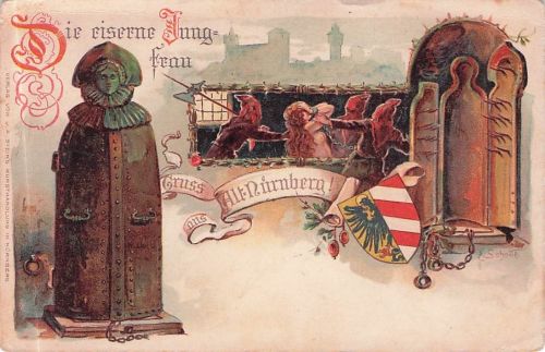 Lithographie Alt-Nürnberg, Die eiserne Jungfrau, Gefängnis