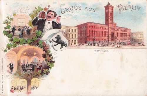 Lithographie Berlin, Rathaus, Innenansichten Gasthaus, Königstrasse