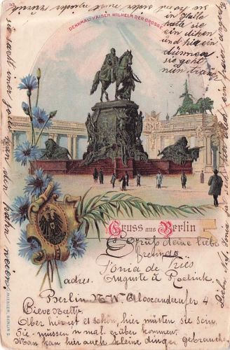 Lithographie Berlin, vor dem Denkmal Kaiser Wilhelm der Grosse, Wappen