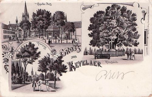 Lithographie Kevelaer, Kapellen-Platz, Kreuzweg und Kreuzbaum