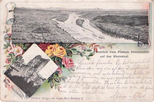Lithographie Drachenfels, Blick auf das Rheinthal, Ruine Drachenfels