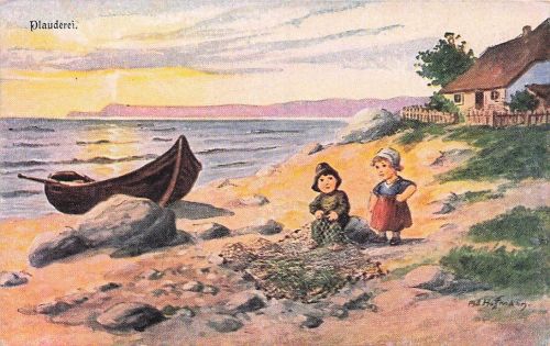 Fine Arts Illustration signierte Postkarte ethnische Kindertypen Angeln
