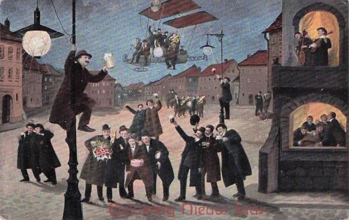 Neujahr Sylvester New Year feiernde Männer Scherzkarte 1912