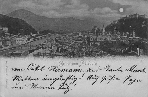 Mondschein-AK Salzburg, Teilansicht mit Festung