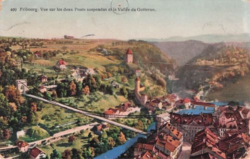 AK Fribourg, Vue sur les deux Ponts suspendus et la Vallée