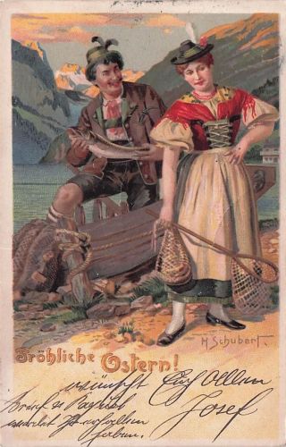SCHUBERT Tiroler Tracht OSTERN Fischerboot Vintage Postkarte Litho