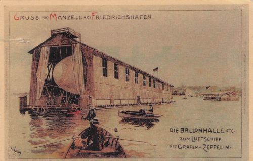 Künstler Litho Fuchs, K., Manzell Friedrichshafen am Bodensee, Ballonhalle, Zeppelin Luftschiff LZ 1
