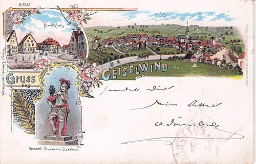 Lithographie Geiselwind, Marktplatz, General Murmann-Denkmal und Totalansicht