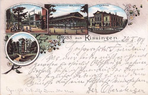 Lithographie Bad Kissingen, Rakoczy-Brunnen, Casino, Kurgarten, Colonnaden, Ludwigsthurm