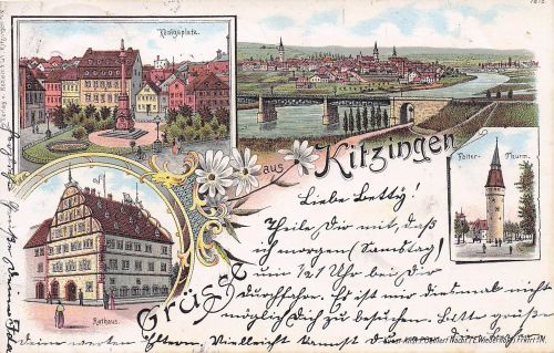 Lithographie Kitzingen am Main, Rathaus Nordseite, Königsplatz, Krieger-Denkmal