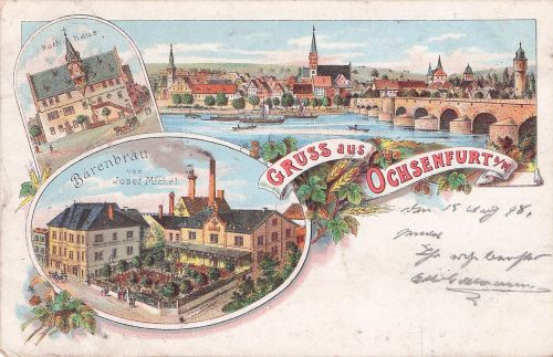 Lithographie Ochsenfurt a. M., Bärenbräu von Josef Michel, Rathaus, Ortsansicht