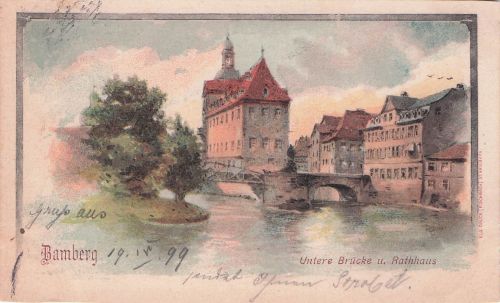 Lithographie Bamberg, Brückenpartie mit Rathaus