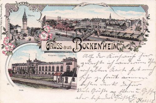 Lithographie Bockenheim / Frankfurt, Husaren-Caserne, Warte, Ortsansicht mit Bahnhof