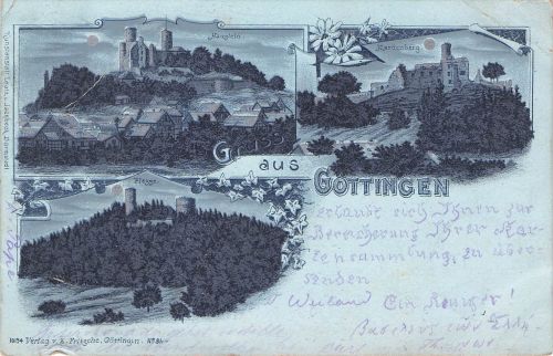 MONDSCHEINLITHO GRUSS AUS GÖTTINGEN HAUS + HARDENBERG 3 BILD UM 1900