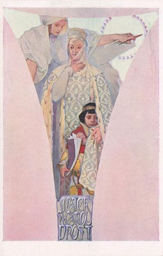 Künstler-AK Alphonse Mucha: La Sagesse maternelle, adlige Frau mit ihrem Sohn