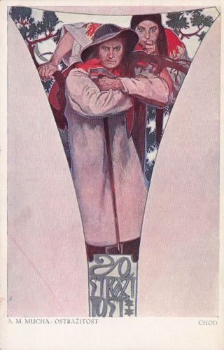 Künstler-AK Alphonse Mucha: Ostrazitost, Chod, Bergmann mit Hammer und Frau