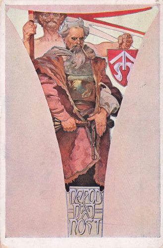 Künstler-AK Alphonse Mucha: Nepoddajnost, Krieger mit entschlossenem Blick