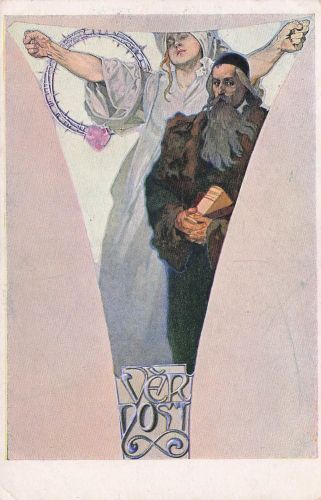 Künstler-AK Alphonse Mucha: Vernost, Alter Mann mit Buch in der Hand, Frau mit Dornenkranz