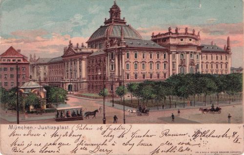AK / Ansichtskarte Pferdebahn Muenchen Justizpalast Litho Pferdebahn