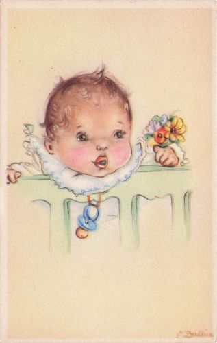 Alte AK , Baby mit Schnuller und Blumen , F. Ballin