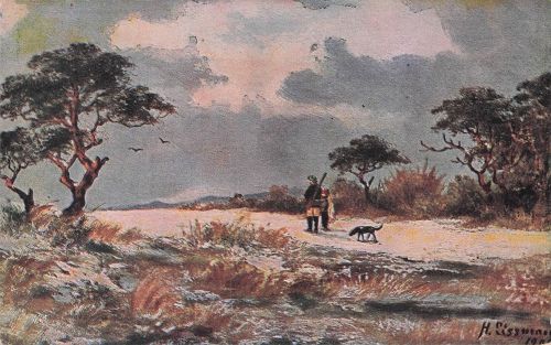 Jäger im Schnee“ des Malers Hermann Sisswener.