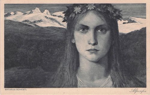 Künstler-AK Matthäus Schiestl: Alpenfee, Junge Frau mit Blumenkranz