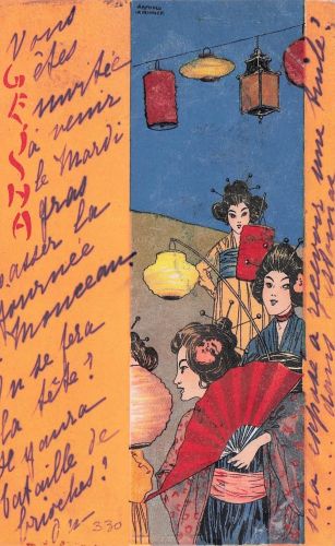 Jugendstil Künstler Ak Kirchner, Raphael, Geisha, japanische Frauen in Kimonos, Fächer, Lampions
