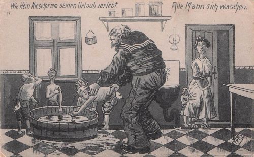 Künstler-AK sign. O. Wietz: Wie Hein Nieselpriem seinen Urlaub verlebt, Matrose badet Kinder
