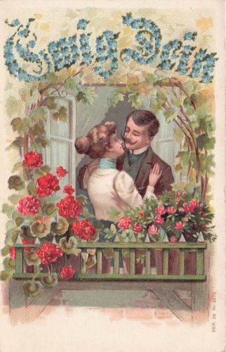 Forever yours 1905 Happy Couple About to Kiss Roses Balkon geprägte Postkarte