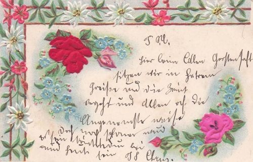 Stoff-Präge-AK Rosen aus echtem Stoff und Vergissmeinnicht